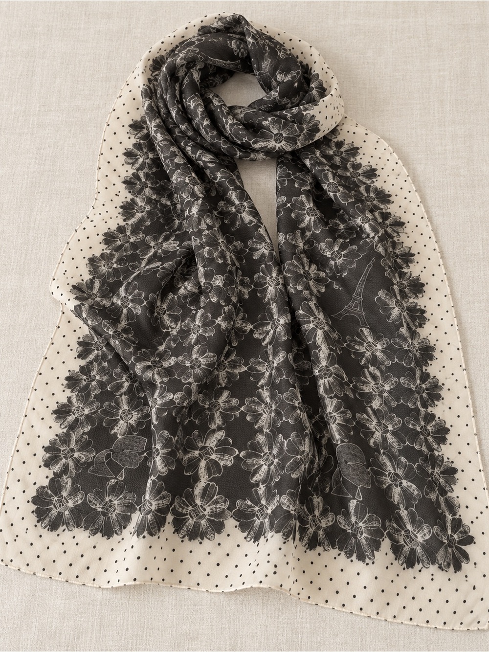 NWT Karl Lagerfeld Paris Black & Ivory Floral Eiffel Tower Scarf